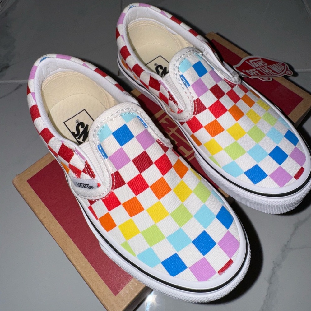 Rainbow Checkerboard Classic Slip-On Vans